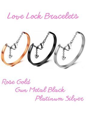 Set of 3 Stainless Steel Silver Gunmetal Black Rose Gold Love Lock Bracelets